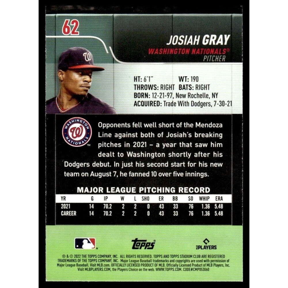 2022 Stadium Club Josiah Gray RC Washington Nationals #62 - Picture 2 of 2